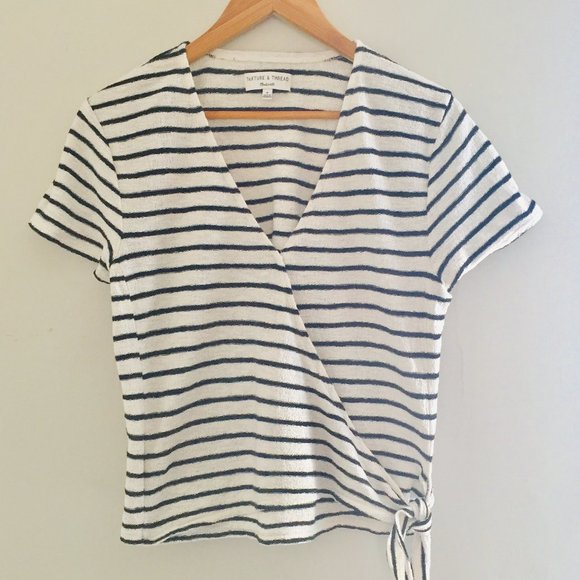 Madewell Texture And Thread Black Stripe Relaxed Wrap Short Sleeve Top Medium - Picture 2 of 6